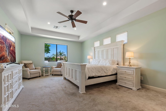 30406 N 54th St, Cave Creek, AZ 85331 - bedroom with light carpet, a tray ceiling, recessed lighting, ceiling fan, and baseboards