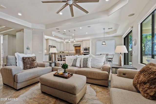 30406 N 54th St, Cave Creek, AZ 85331 - living area featuring a tray ceiling, recessed lighting, and ceiling fan