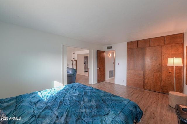 bedroom featuring wood-type flooring and a closet