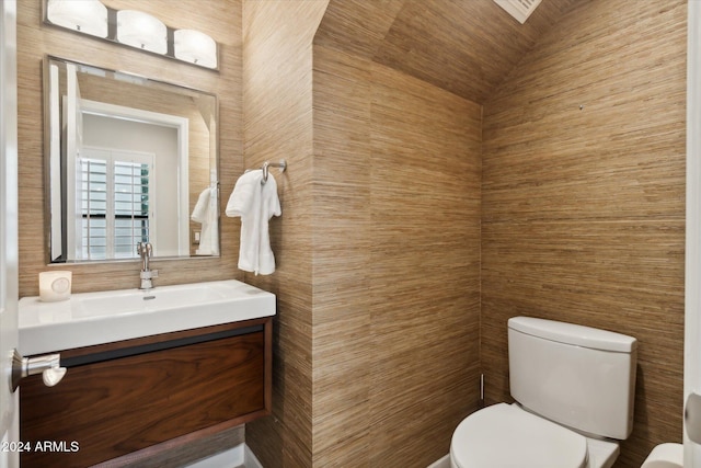 bathroom featuring vanity, vaulted ceiling, and toilet