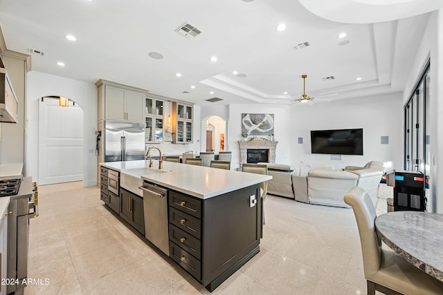 2335 E Plum St, Gilbert, AZ 85298 - kitchen featuring arched walkways, a sink, a ceiling fan, high quality appliances, and a glass covered fireplace
