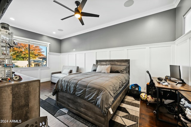 2335 E Plum St, Gilbert, AZ 85298 - bedroom featuring a decorative wall, ornamental molding, wainscoting, dark wood finished floors, and recessed lighting