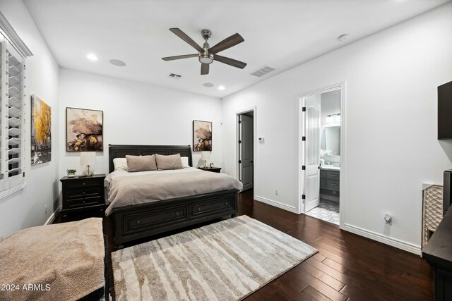 2335 E Plum St, Gilbert, AZ 85298 - bedroom featuring dark wood finished floors, baseboards, recessed lighting, ensuite bathroom, and a ceiling fan