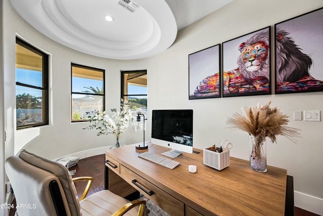 home office with wood-type flooring and a tray ceiling