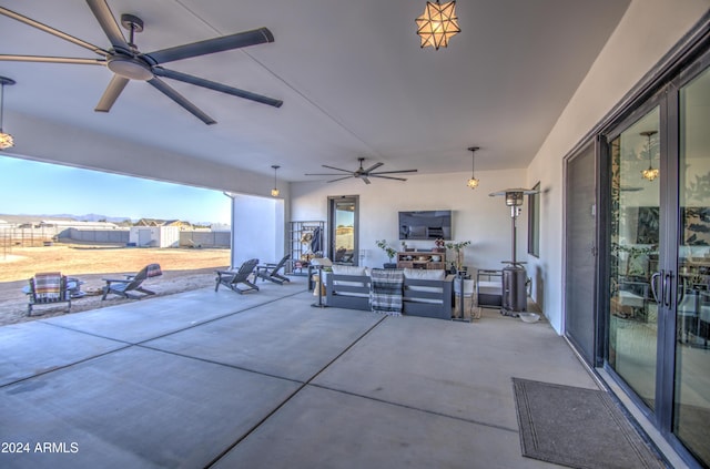 view of patio / terrace with a shed