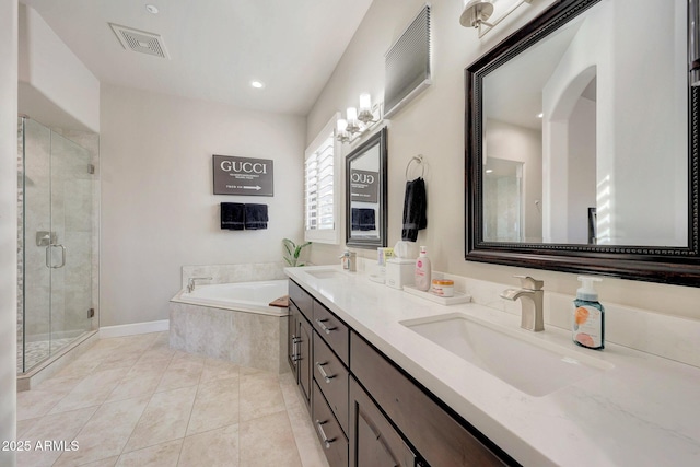 full bath featuring a garden tub, visible vents, a sink, a shower stall, and tile patterned floors