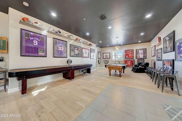 playroom featuring billiards, visible vents, baseboards, light wood-type flooring, and recessed lighting