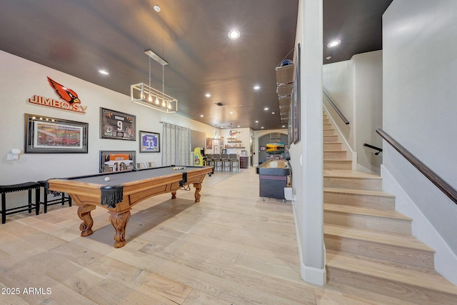 game room with light wood-type flooring, recessed lighting, and pool table