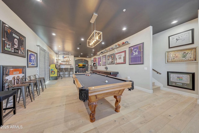 rec room with light wood-type flooring, pool table, and recessed lighting