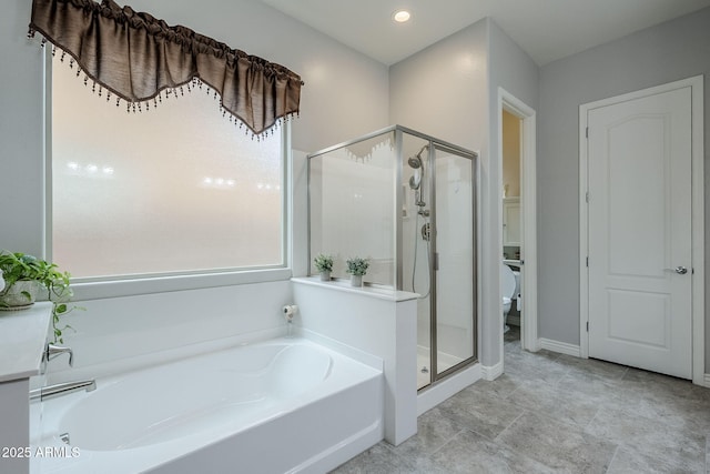2525 W Balao Dr, Phoenix, AZ 85085 - bathroom featuring a shower stall, a bath, toilet, and recessed lighting