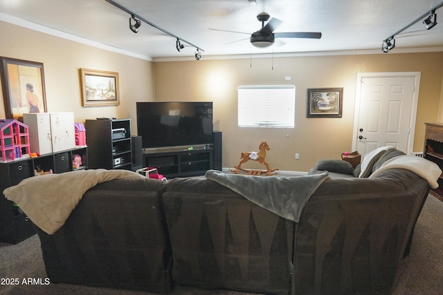 carpeted living room with ceiling fan, track lighting, and ornamental molding