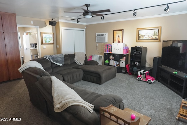 living room featuring dark colored carpet, ceiling fan, rail lighting, and an AC wall unit