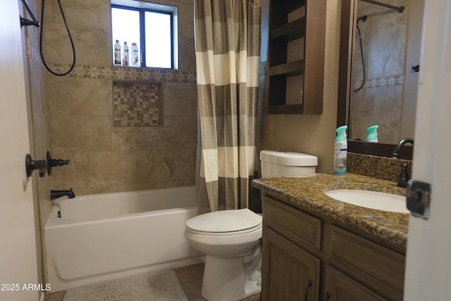 full bathroom with shower / bathtub combination with curtain, vanity, tile patterned flooring, and toilet