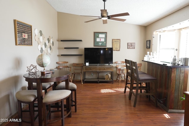 living room with ceiling fan, lofted ceiling, dark hardwood / wood-style floors, and a textured ceiling