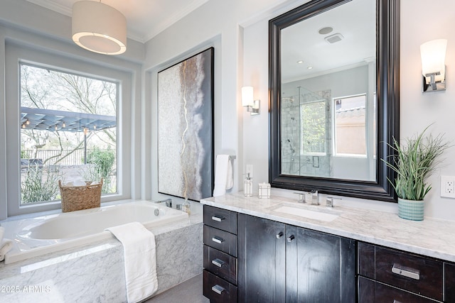 bathroom with a healthy amount of sunlight, crown molding, vanity, and a bath