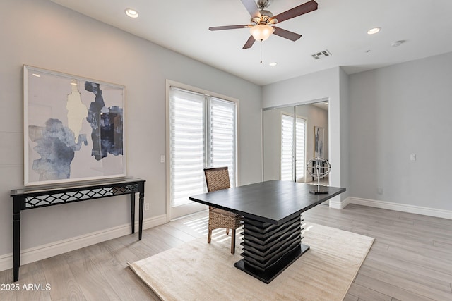 recreation room featuring light wood-type flooring, visible vents, baseboards, and recessed lighting