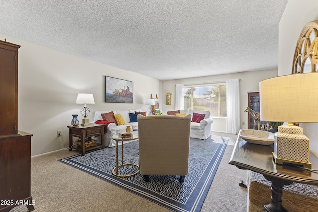 living room featuring carpet and a textured ceiling