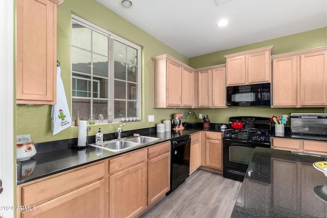 kitchen with black appliances, light hardwood / wood-style floors, a healthy amount of sunlight, and sink