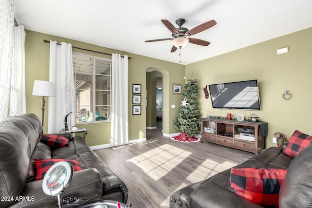 living room featuring ceiling fan and light hardwood / wood-style floors