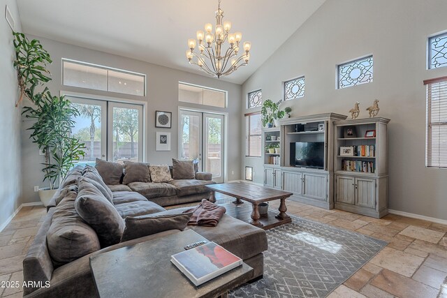 2735 E Flower Ct, Gilbert, AZ 85298 - living room with stone tile floors, high vaulted ceiling, and healthy amount of natural light
