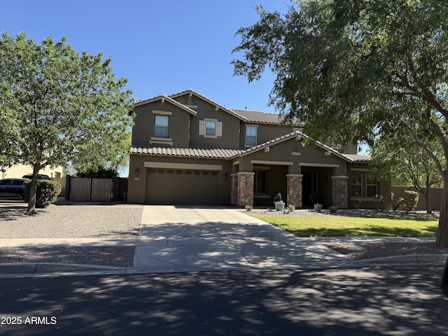 2735 E Flower Ct, Gilbert, AZ 85298 - view of front facade featuring driveway, stucco siding, fence, stone siding, and a garage