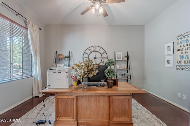2735 E Flower Ct, Gilbert, AZ 85298 - home office with dark wood finished floors, ceiling fan, and baseboards