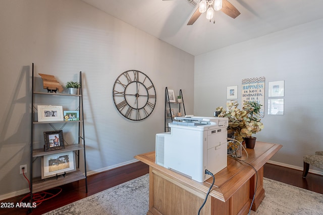 2735 E Flower Ct, Gilbert, AZ 85298 - home office with wood finished floors, ceiling fan, and baseboards