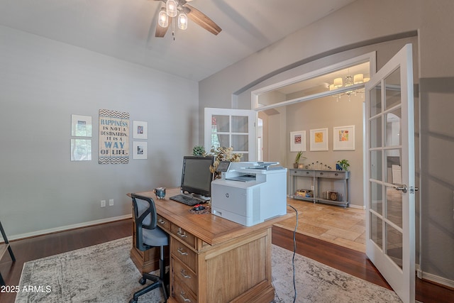 2735 E Flower Ct, Gilbert, AZ 85298 - home office featuring a ceiling fan, wood finished floors, french doors, and a chandelier