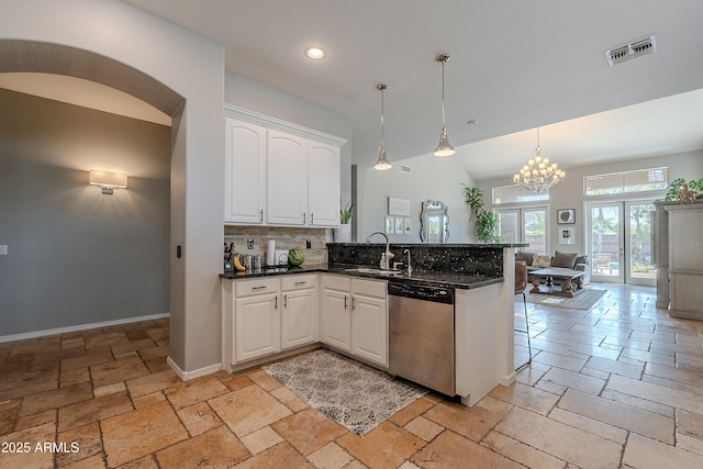2735 E Flower Ct, Gilbert, AZ 85298 - kitchen with stainless steel dishwasher, a sink, stone tile floors, a peninsula, and recessed lighting