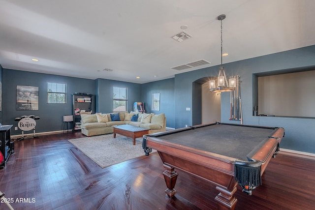 2735 E Flower Ct, Gilbert, AZ 85298 - game room with baseboards, dark wood-style flooring, arched walkways, billiards table, and recessed lighting