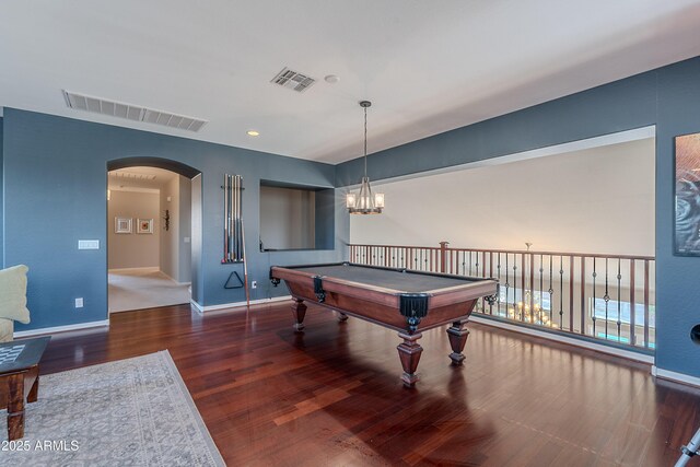 2735 E Flower Ct, Gilbert, AZ 85298 - game room featuring arched walkways, wood finished floors, baseboards, a chandelier, and billiards table
