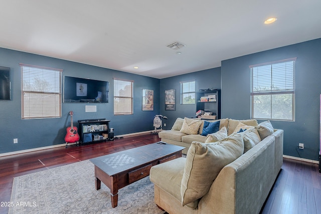 2735 E Flower Ct, Gilbert, AZ 85298 - living room featuring wood finished floors, baseboards, and recessed lighting