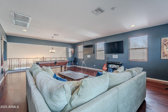 2735 E Flower Ct, Gilbert, AZ 85298 - living room with a chandelier, baseboards, wood finished floors, and recessed lighting