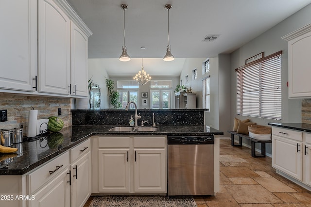 2735 E Flower Ct, Gilbert, AZ 85298 - kitchen featuring dishwasher, a sink, a peninsula, tasteful backsplash, and stone tile flooring