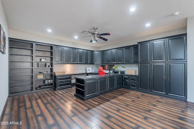 2735 E Flower Ct, Gilbert, AZ 85298 - office space featuring dark wood-style floors, ceiling fan, recessed lighting, and built in study area