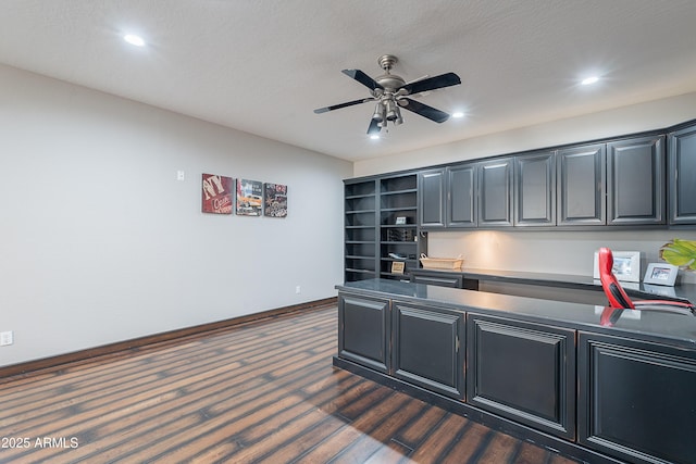 2735 E Flower Ct, Gilbert, AZ 85298 - kitchen with a ceiling fan, dark wood finished floors, open shelves, recessed lighting, and dark countertops