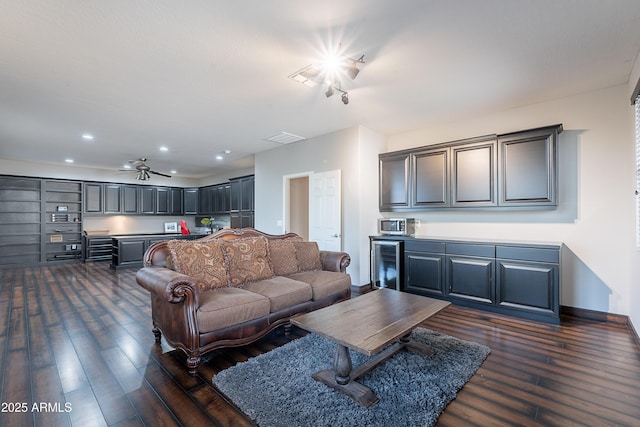 2735 E Flower Ct, Gilbert, AZ 85298 - living room with dark wood finished floors, wine cooler, recessed lighting, and a ceiling fan