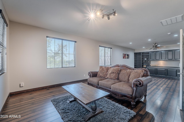 2735 E Flower Ct, Gilbert, AZ 85298 - living room featuring dark wood-style flooring, baseboards, recessed lighting, and a ceiling fan
