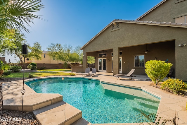 2735 E Flower Ct, Gilbert, AZ 85298 - view of swimming pool featuring a patio area, french doors, and a ceiling fan