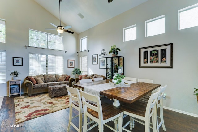 dining room with dark wood finished floors, visible vents, a ceiling fan, high vaulted ceiling, and baseboards