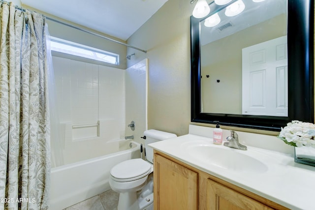 full bath featuring toilet, visible vents, vanity, tile patterned floors, and shower / bath combo