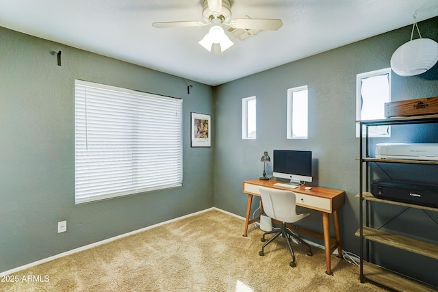 home office featuring carpet, baseboards, ceiling fan, and a textured wall