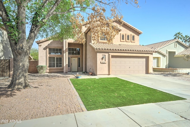 view of front of home with stucco siding, a front yard, fence, driveway, and a tiled roof