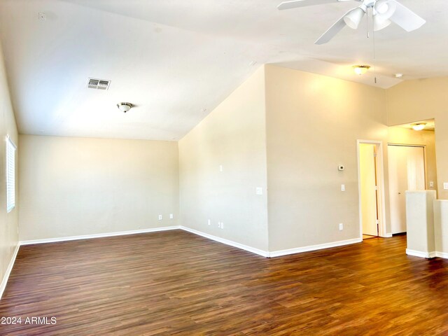 interior space featuring ceiling fan, high vaulted ceiling, and wood-type flooring