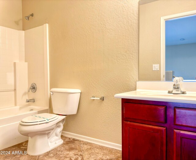 full bathroom featuring shower / bathtub combination, vanity, tile patterned floors, and toilet