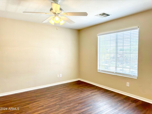 spare room featuring a wealth of natural light, ceiling fan, and wood-type flooring