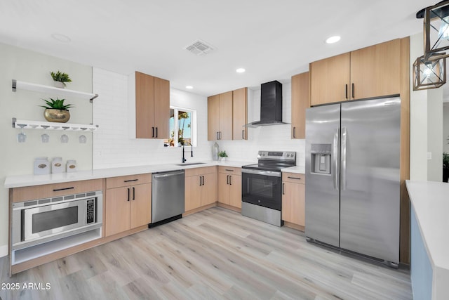 5236 S 19th Ave, Phoenix, AZ 85041 - kitchen featuring appliances with stainless steel finishes, wall chimney exhaust hood, open shelves, a sink, and decorative backsplash