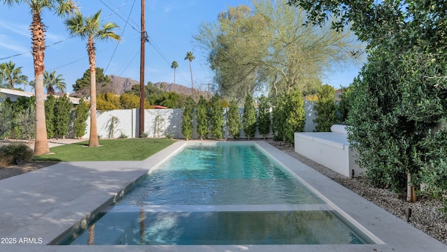 view of pool featuring a fenced in pool, a yard, and a fenced backyard