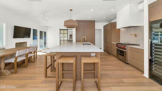 kitchen featuring light wood-type flooring, modern cabinets, high end stainless steel range, decorative backsplash, and custom exhaust hood