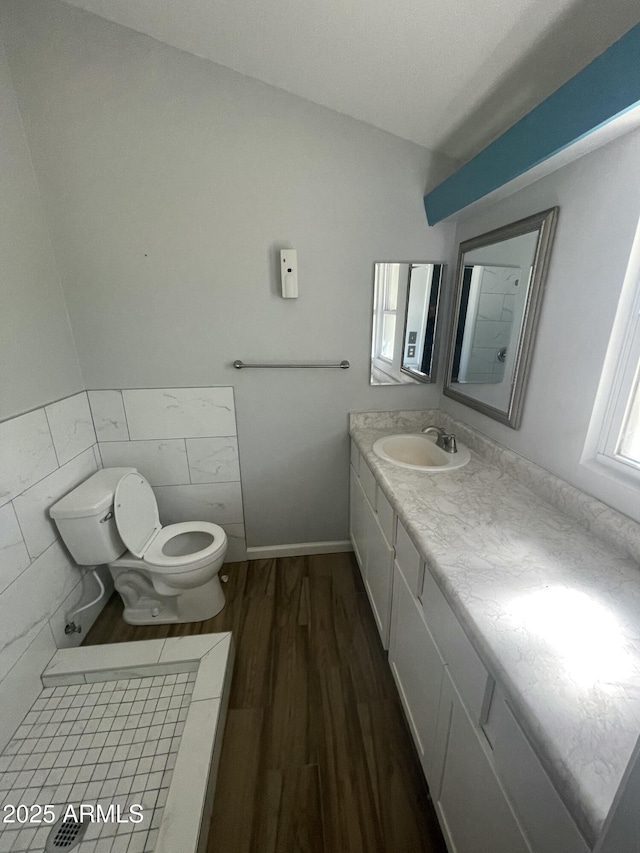 bathroom featuring vanity, wood-type flooring, and toilet